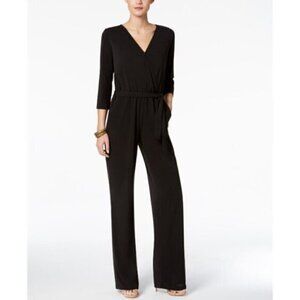NY Collection Petite 3/4 Sleeve Belted Wide Leg Black Jumpsuit NWT